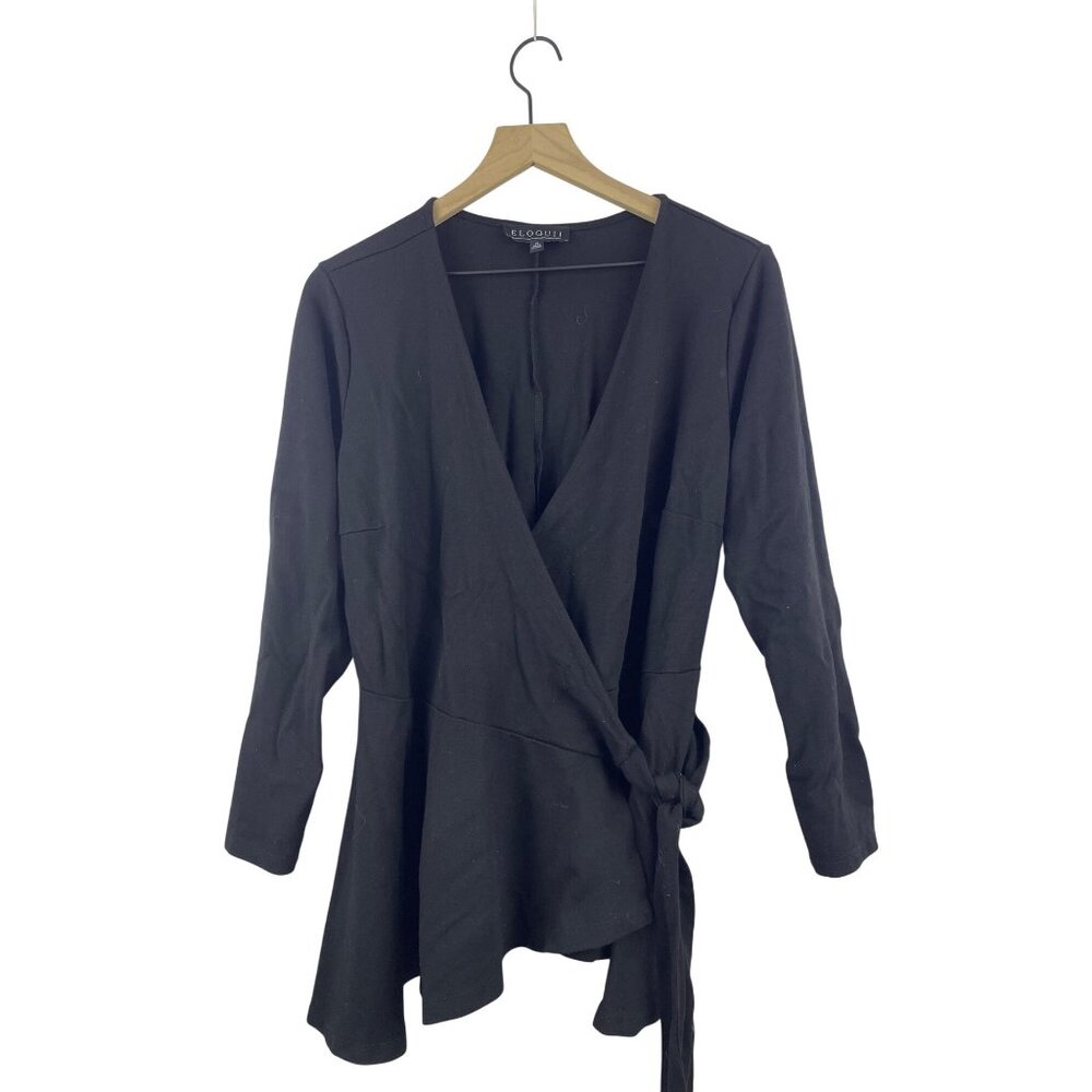 Eloquii Women's Size 14 Black Surplice True Wrap Peplum Ruffle Jersey Blouse